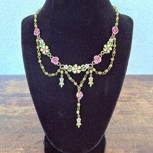 Vintage 2001 AVON Dark Gold Tone Pink/Green Flower Swag Necklace